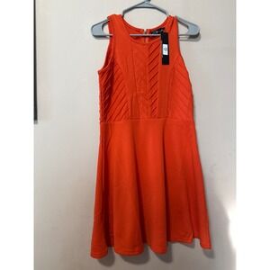 Neesha Orange Chevron Pleat Fit Flare Dress Womens M NWT